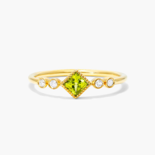 14K Yellow Gold Dainty Peridot Bezel Diamond Ring By Brevani