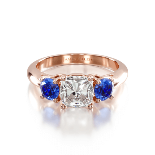 14K Rose Gold Three Stone Pear Shaped Blue Sapphire Engagement Ring