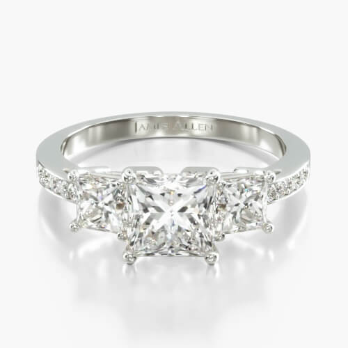 14K White Gold Three Stone Princess And Pavé Set Diamond Engagement Ring