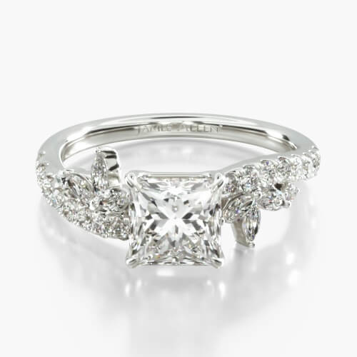 18K White Gold Swirled Diamond Accent Engagement Ring