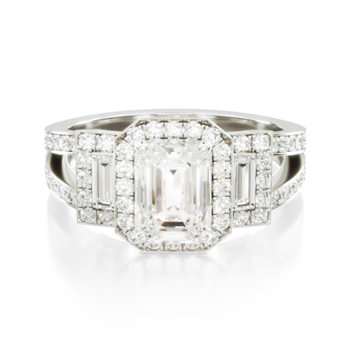 14K White Gold Emerald Three Stone Engagement Ring