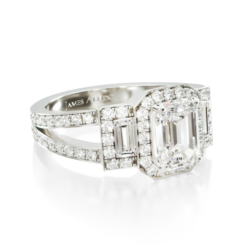 14K White Gold Emerald Three Stone Engagement Ring