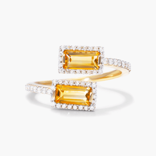 14K Yellow Gold Emerald Cut Citrine And Diamond Halo Bypass Ring (6.0x3.0mm)