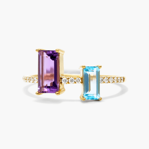 14K Yellow Gold Amethyst And Blue Topaz Duo Ring By Brevani