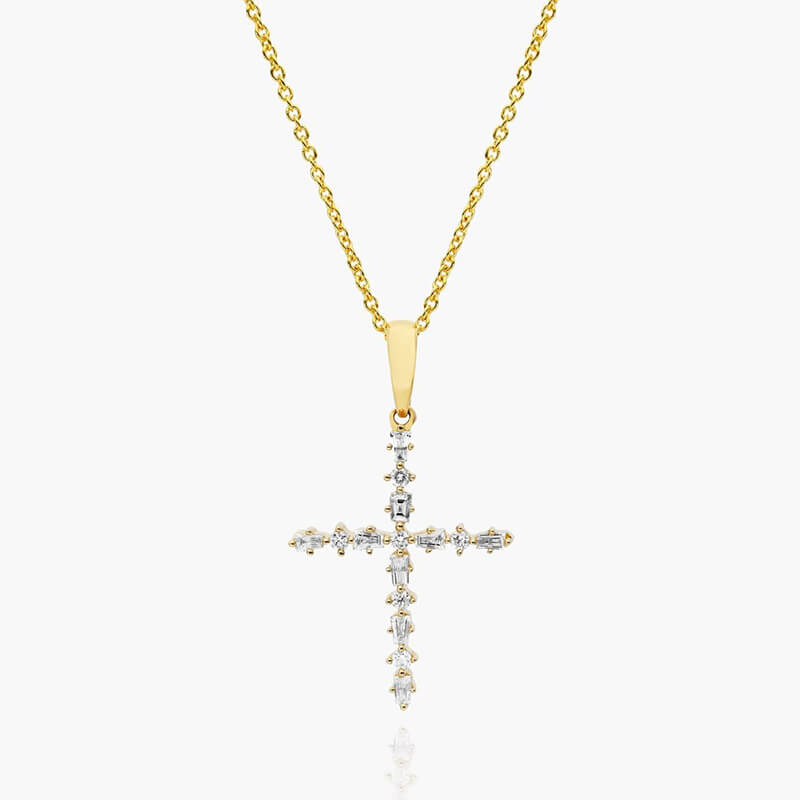 14K White Gold Alternating Diamond Cross Necklace
