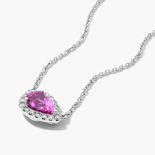 18K White Gold Sideways Pear Pink Sapphire And Diamond Halo Necklace