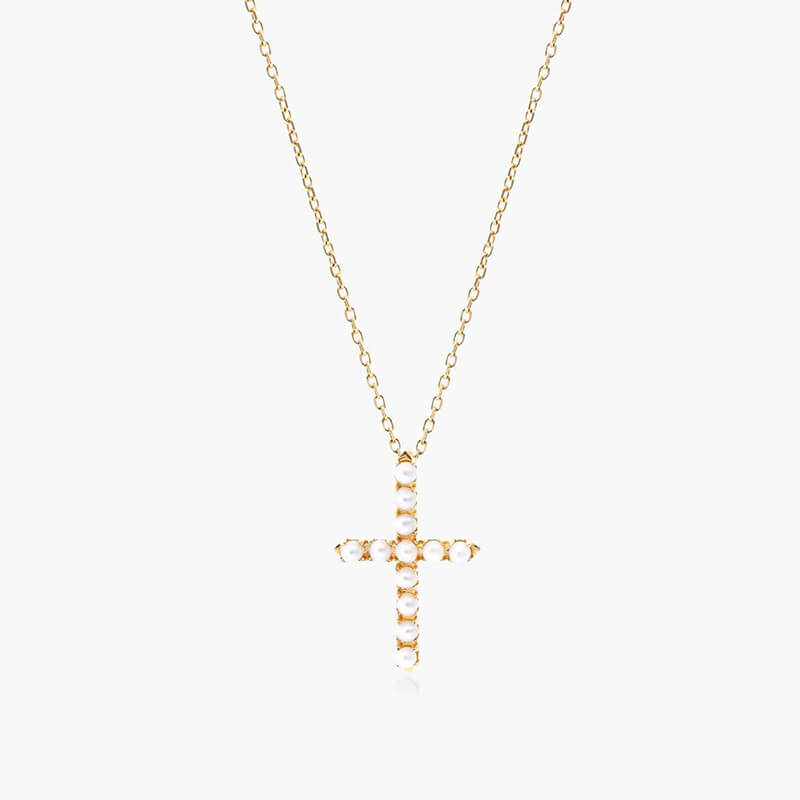 14K Yellow Gold Freshwater Cultured Seed Pearl Cross Necklace (1.5-2.0mm)