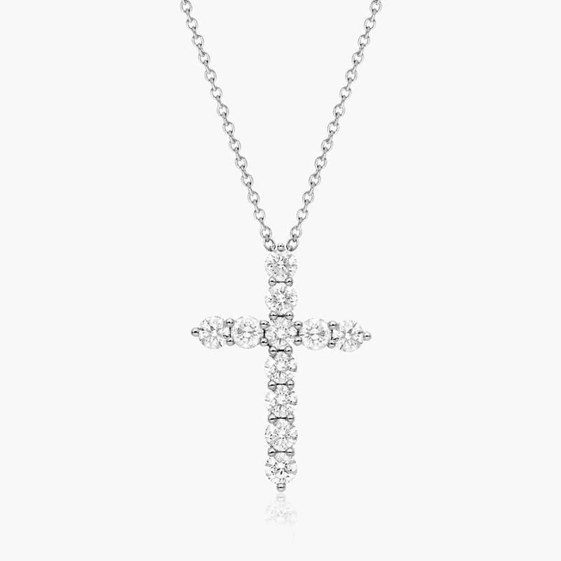 14K White Gold Shared Prong Diamond Cross Necklace (1.00 CTW)