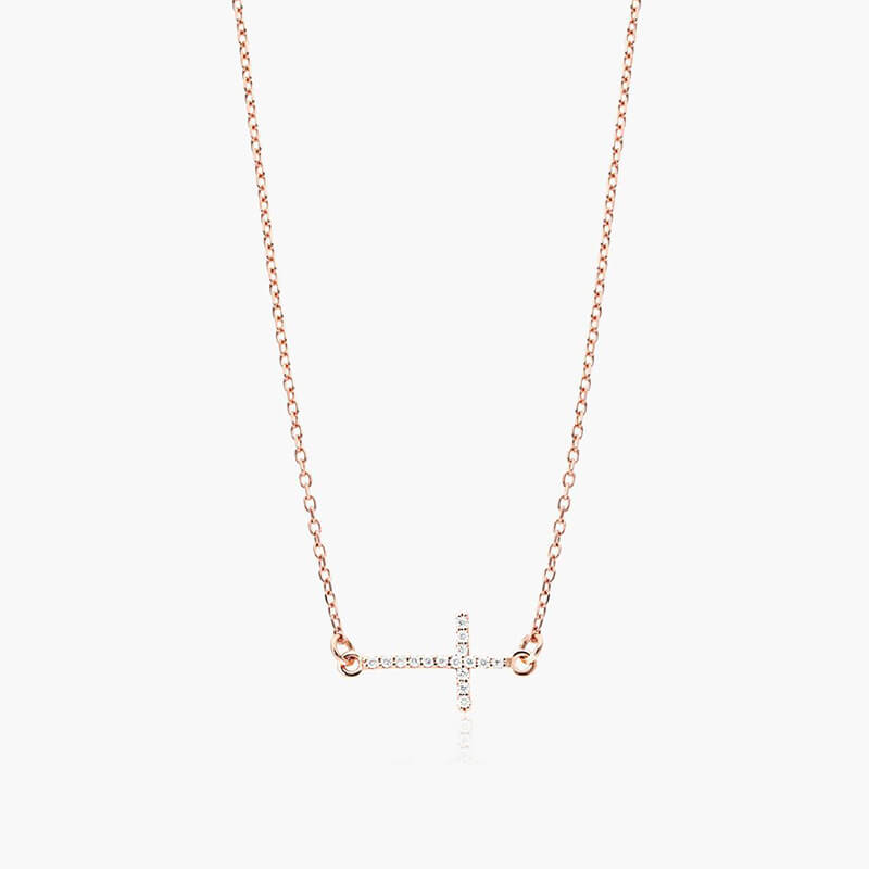 14K Rose Gold Sideways Cross Diamond Necklace