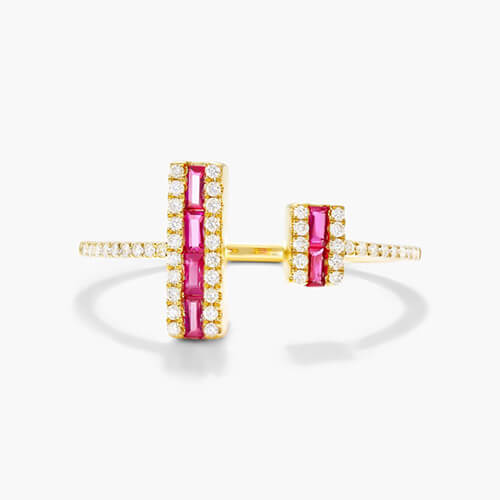 14k Yellow Gold Open Double Bar Ruby And Diamond Ring
