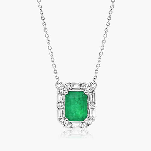 14K White Gold Allure Diamond Halo Emerald Necklace