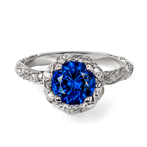 Natural Blue Sapphire Twisted Pavé Halo Engagement Ring