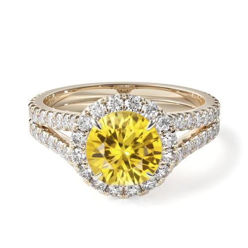 Natural Yellow Sapphire Round Split Band Diamond Halo Engagement Ring