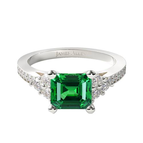 Emerald Natural Green Emerald Pavé Trio Engagement Ring