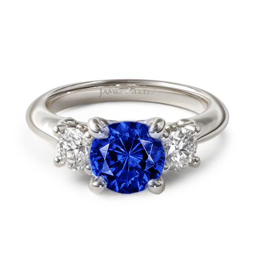 Natural Blue Sapphire Three Stone Diamond Engagement Ring with Scroll Undergallery