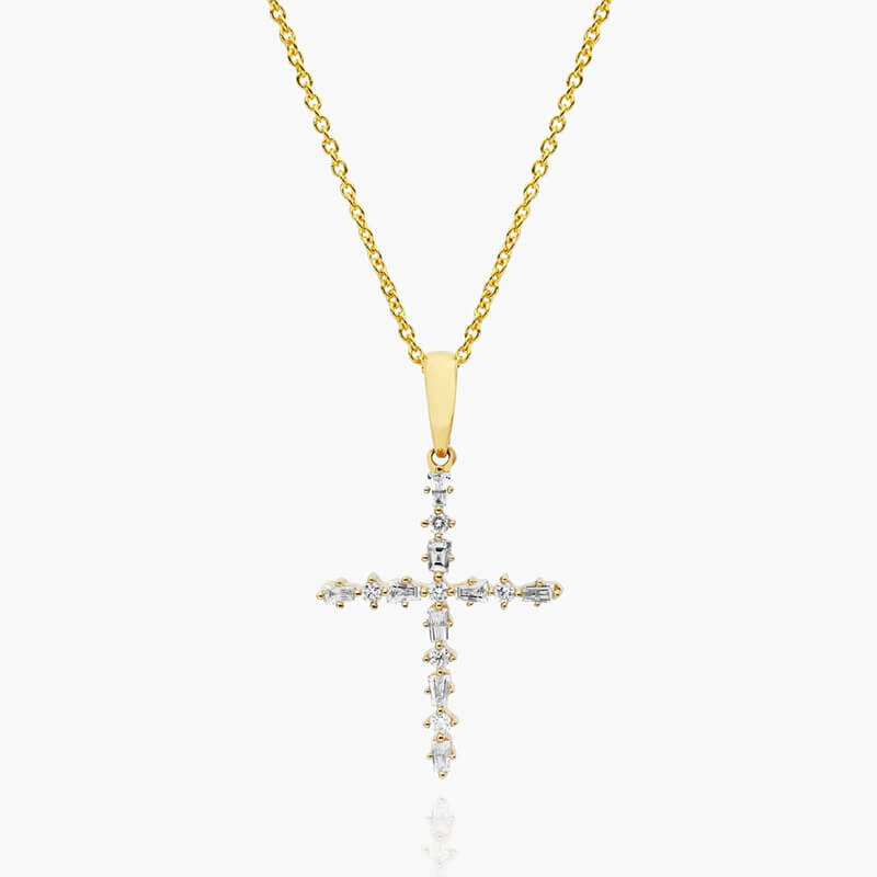 14K Yellow Gold Alternating Diamond Cross Necklace