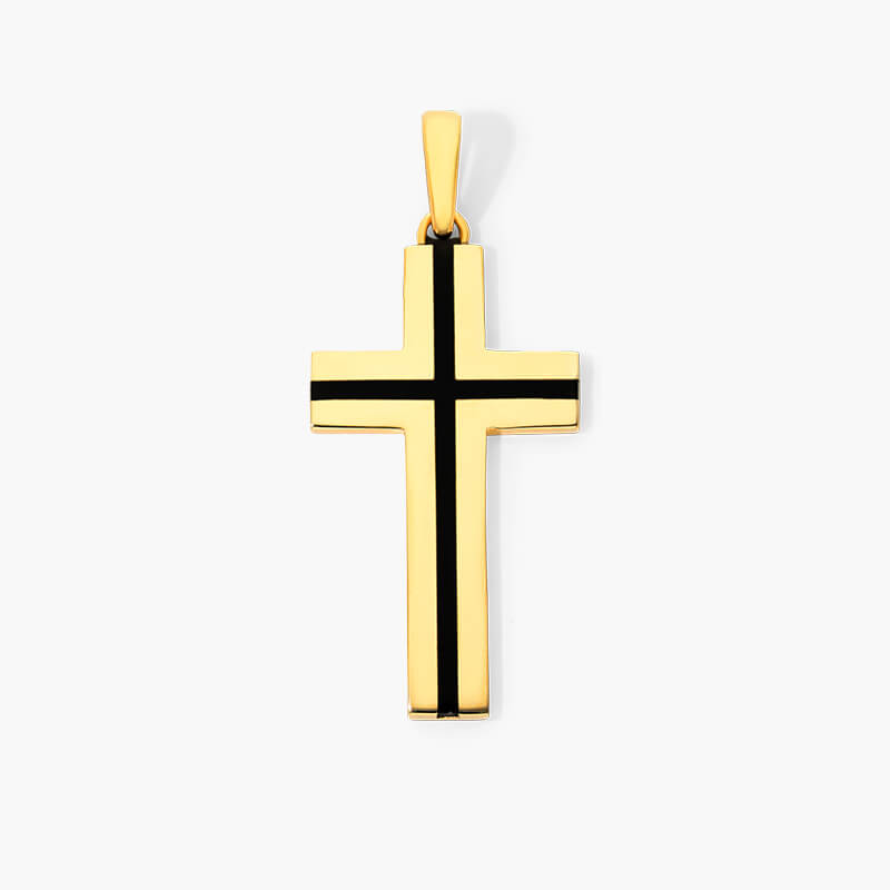 14K Yellow Gold Fancy Black Enamel Accent Cross