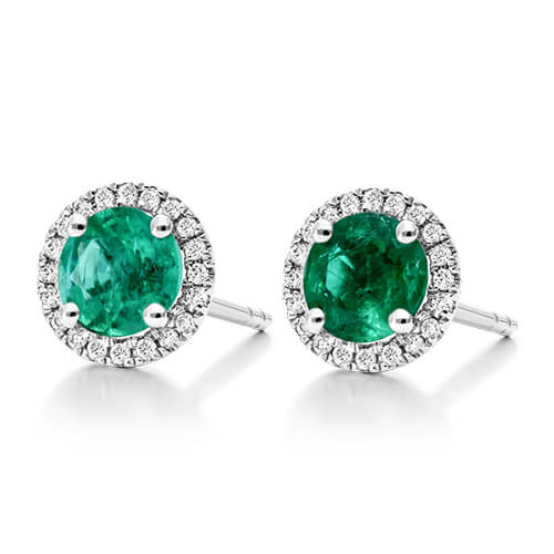 18K White Gold Round Halo Emerald And Diamond Earrings
