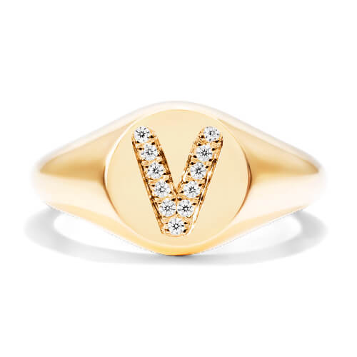 14K Yellow Gold Diamond V Initial Signet Ring