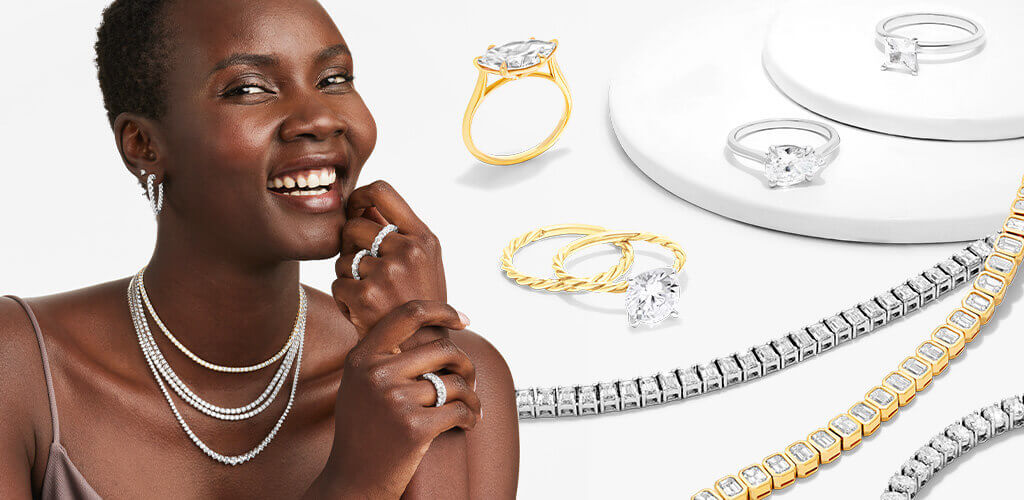 Model wearing an array of diamond jewelry 