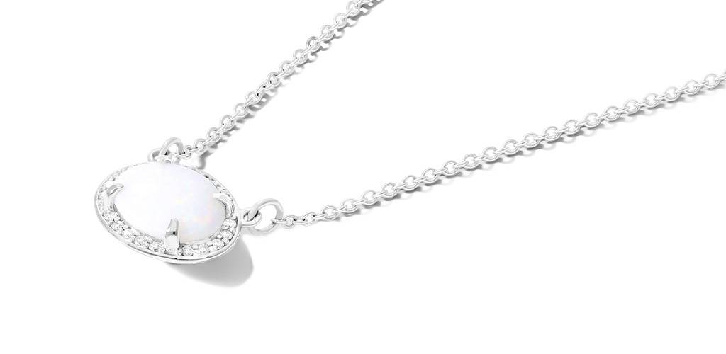 14K White Gold East West Oval White Opal and Diamond Halo Necklace