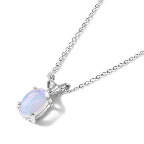 14K White Gold Oval Opal Birthstone Necklace