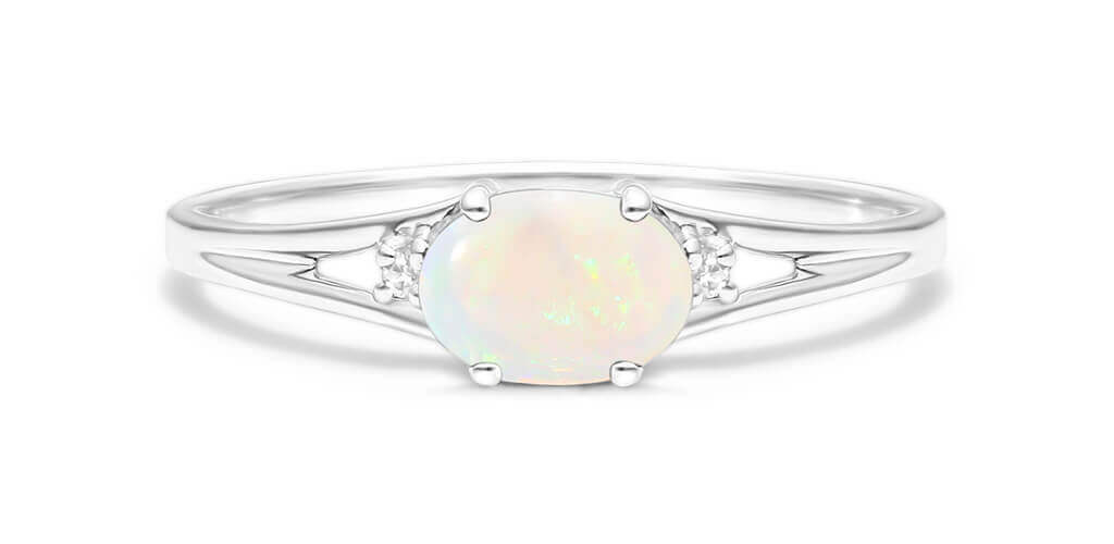 14K White Gold Oval Opal And Diamond Accent Birthstone Ring