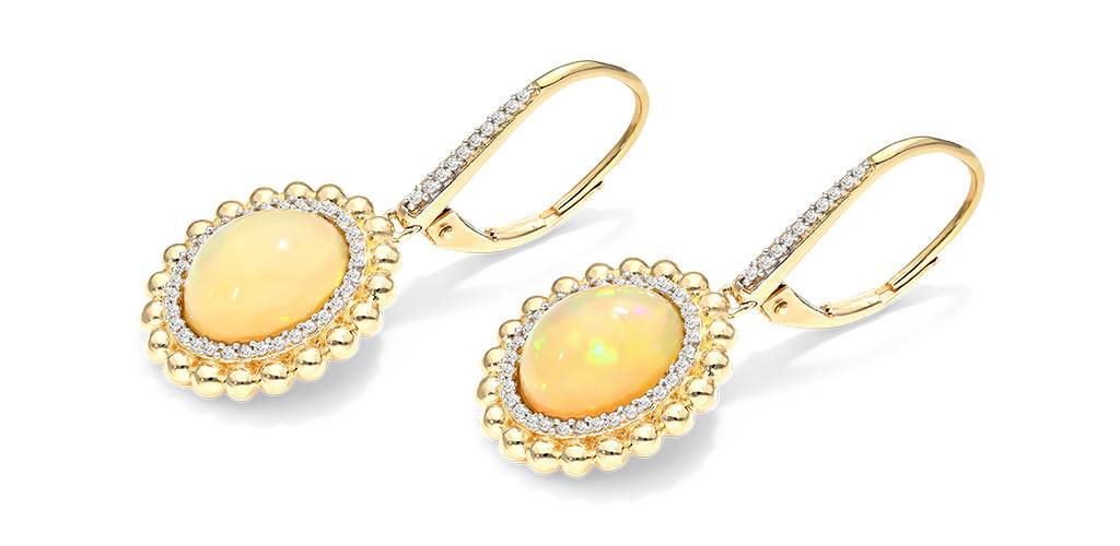 14K Yellow Gold Opal and Diamond Beaded Double Halo Leverback Earrings (10.0x8.0mm)