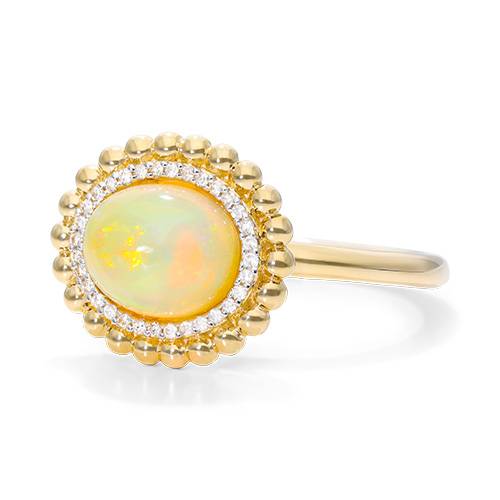 14K Yellow Gold Opal and Diamond Beaded Double Halo Ring (10.0x8.0mm)