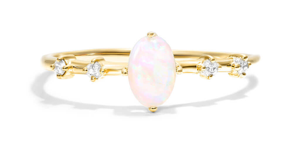 14K Yellow Gold Opal Oval And Diamond Birthstone Ring