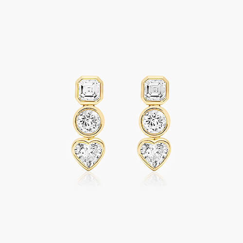 14K Yellow Gold Fancy Bezels Lab Grown Asscher, Round, & Heart Diamond Drop Earrings