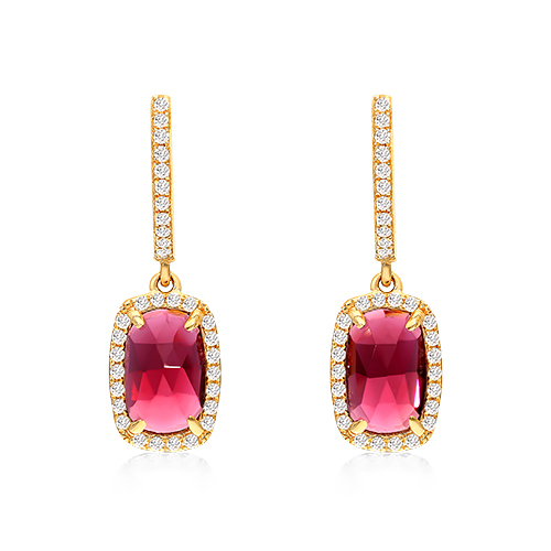 14K Yellow Gold Elongated Cushion Halo Garnet and Diamond Drop Earrings (8.0x5.0mm)