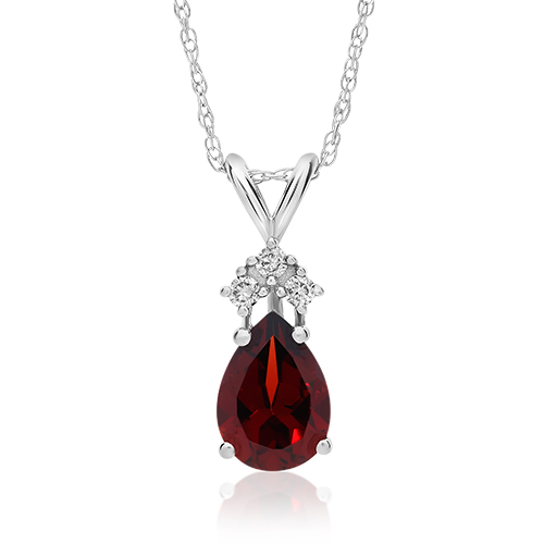 14K White Gold Pear Shaped Garnet & Tri-Diamond Pendant Necklace