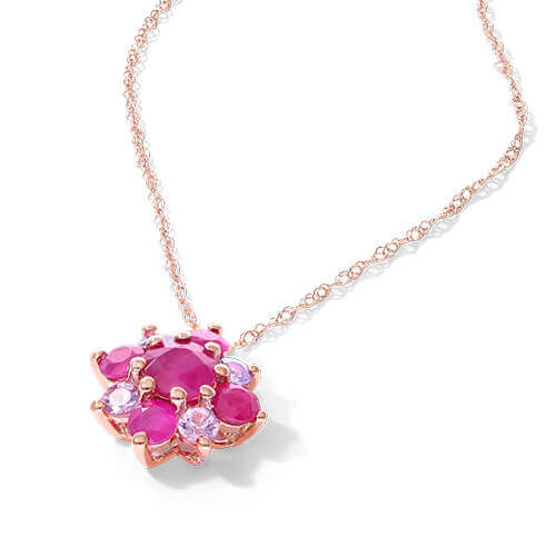14K Rose Gold Ruby And Pink Sapphire Flower Cluster Pendant