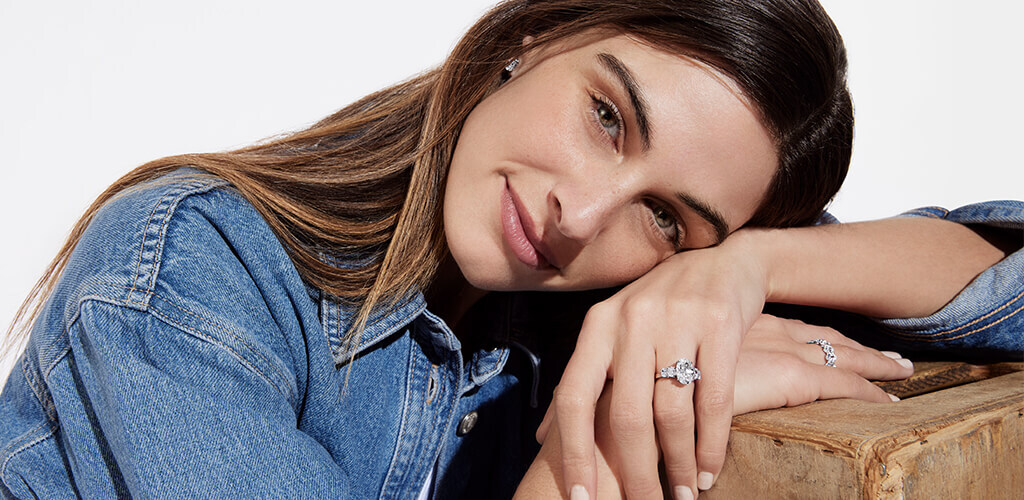 A Model Wearing A White Gold Engagement Ring