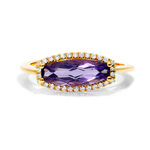 14K Yellow Gold Elongated Amethyst Halo Ring By Brevani