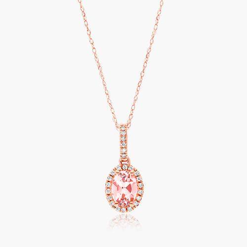 14K Rose Gold Oval Halo Morganite and Diamond Necklace