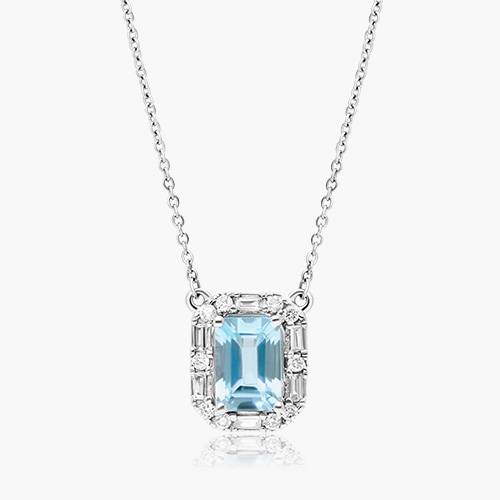 14K White Gold Allure Diamond Halo Aquamarine Necklace