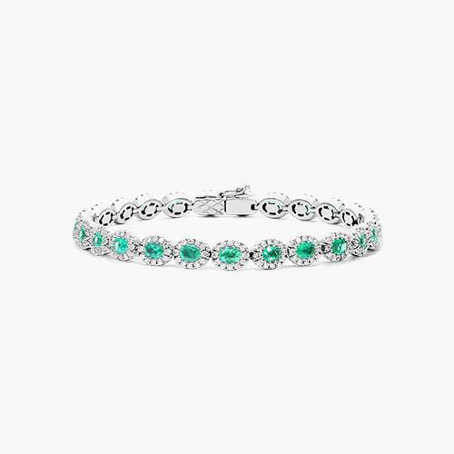 14K White Gold Oval Emerald and Diamond Halo Bracelet