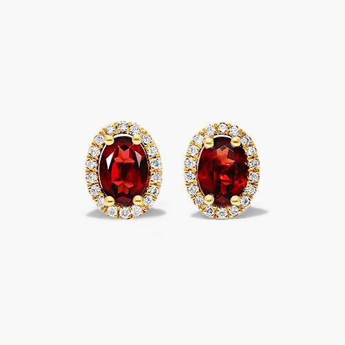 14K Yellow Gold Oval Halo Garnet and Diamond Stud Earrings