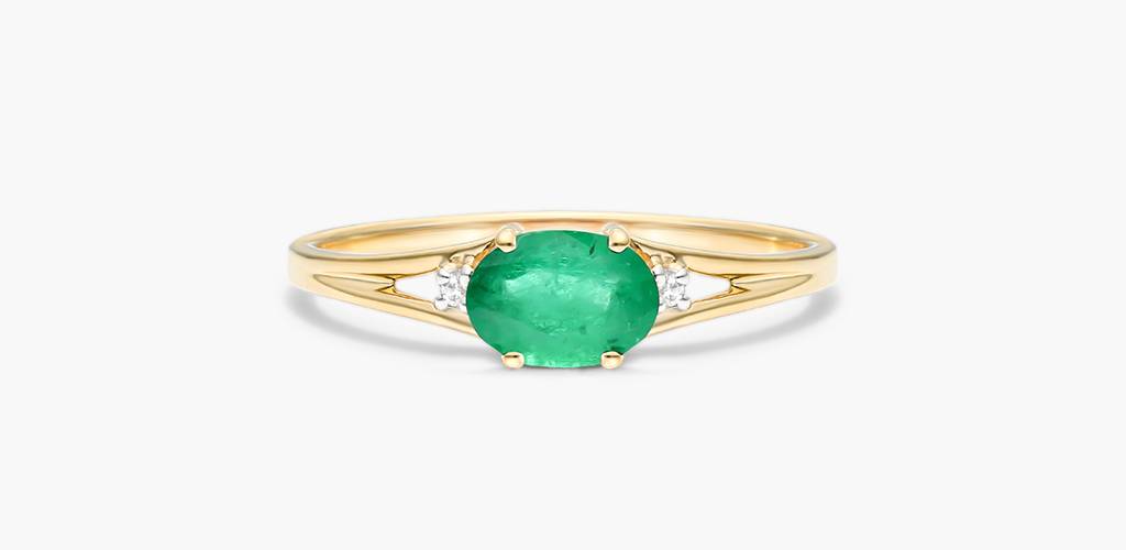 14K Yellow Gold Oval Emerald and Diamond Accent Birthstone Ring