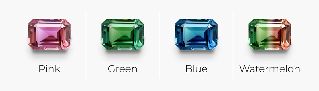 Color comparison of the October birthstone tourmaline, showing pink, green, blue, and watermelon.