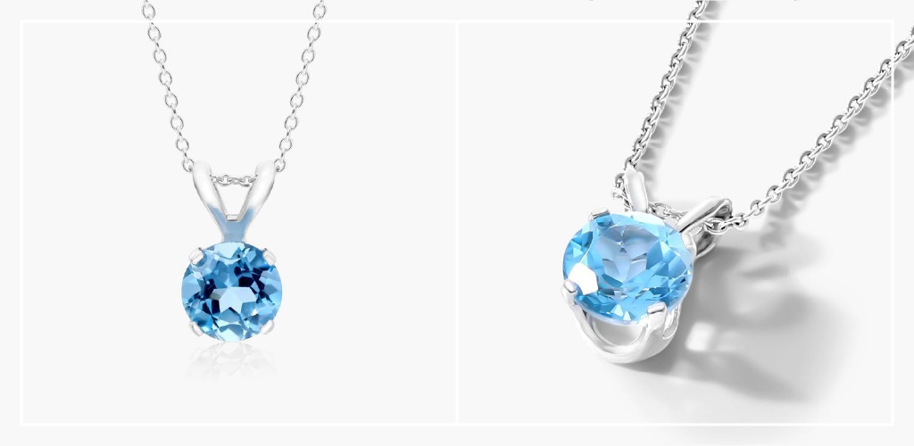 A James Allen white gold blue topaz birthstone necklace