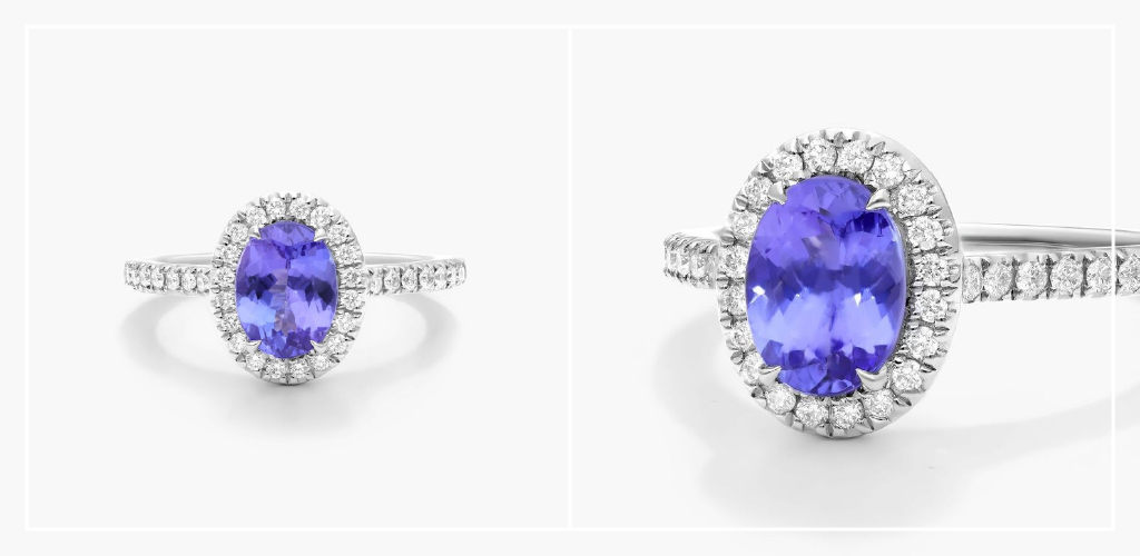 A photo of a James Allen tanzanite and diamond ring in white gold