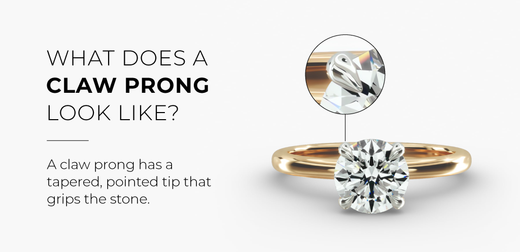 A gold solitaire ring with a magnified view of a pointed claw prong gripping the diamond, used to highlight details in claw vs round prongs.