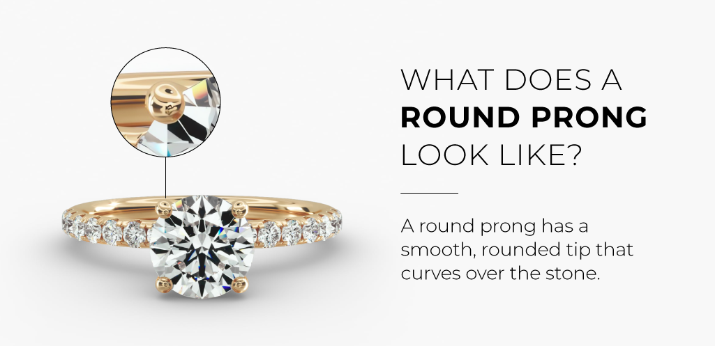 A gold solitaire ring with a magnified view of a rounded prong tip that curves over the diamond, shown to explain claw vs round prongs.