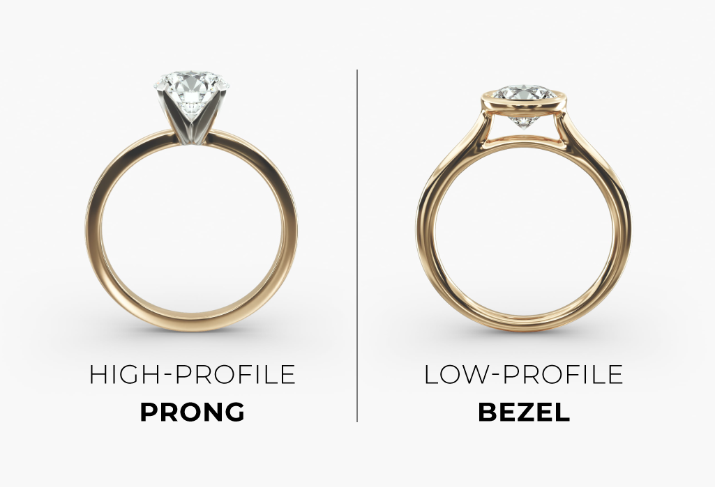 Side-by-side view of high-profile prong and low-profile bezel settings, helping compare engagement rings for active lifestyles
