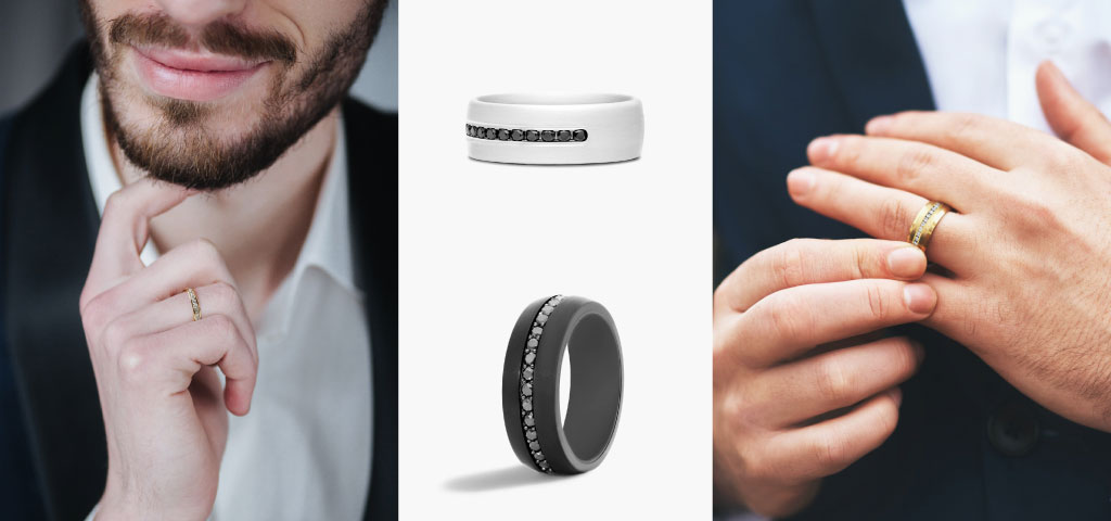 Collage showing men wearing stylish bands, helping answer the question, "Do men wear engagement rings" with real-life examples.